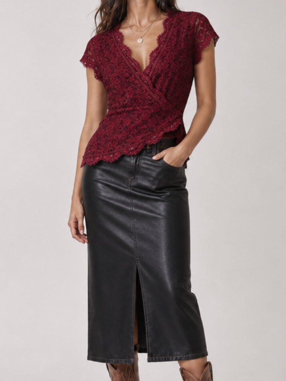 Janet Chung Romantic Workplace Siren red lace blouse medium